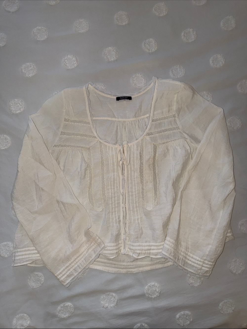 Massimo Dutti Cream Peasant Blouse with Pintuck & Tie